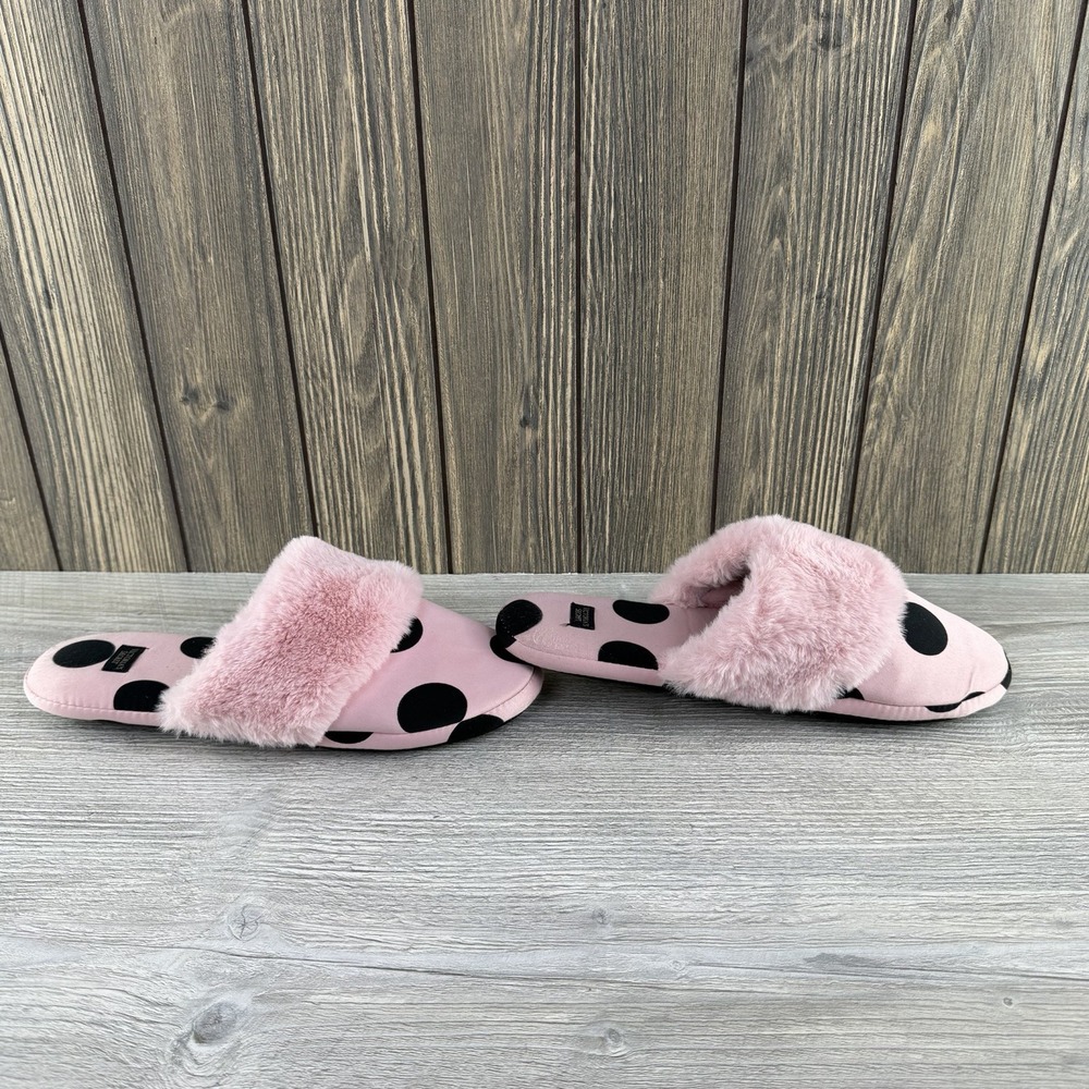 VICTORIA SECRET pink black polka dot faux fur slippers Small 6-7